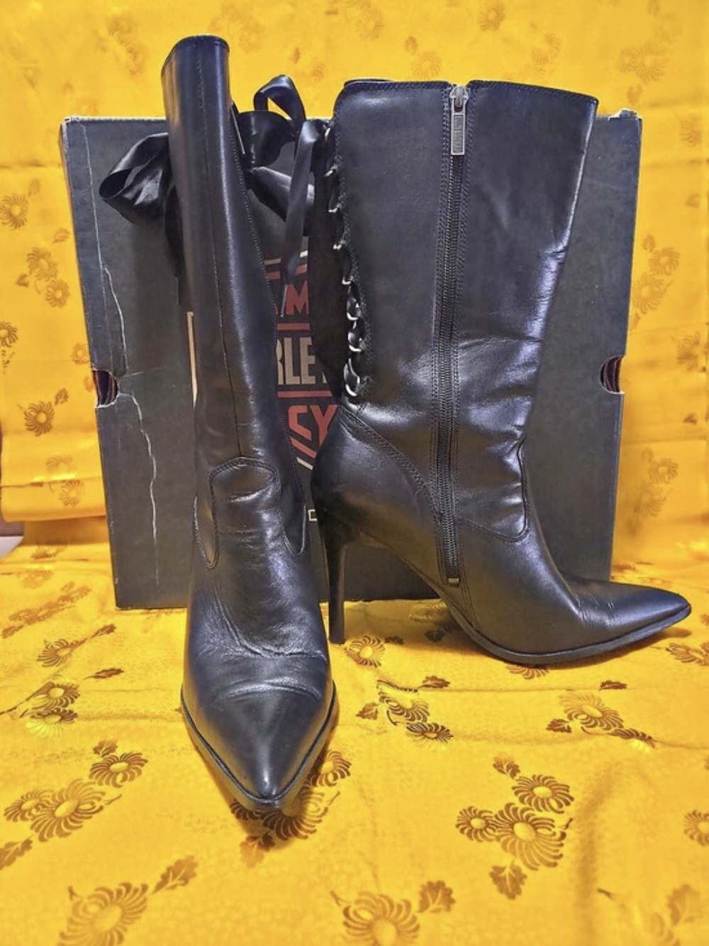 Harley-Davidson Black Leather Pointed-Toe Heeled Boots